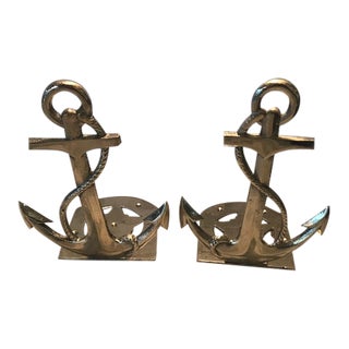 1970s Mid-Century Brass Lacquered Anchor Nautical Bookends - a Pair For Sale