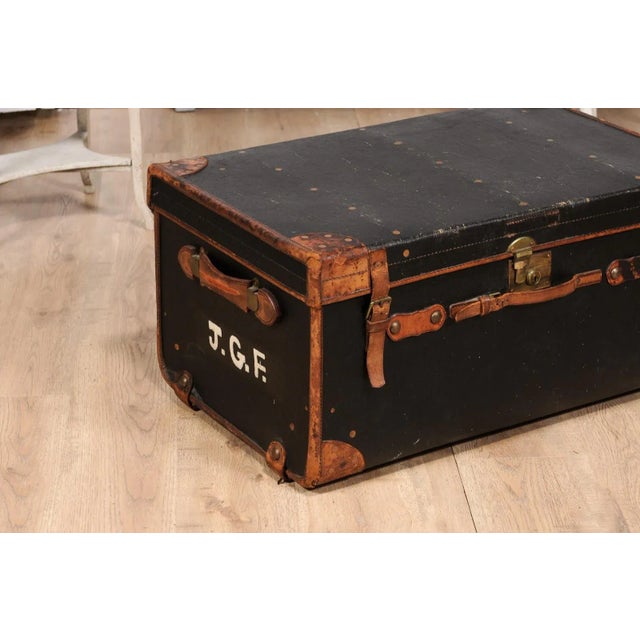 Textile English Victorian Period 19th Century Black Traveling Trunk With Initials J.G.F. For Sale - Image 7 of 12
