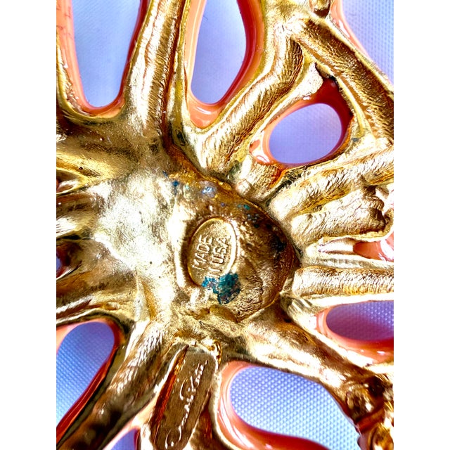 Orange 90s Oscar De La Renta Brooch Coral Branch Pearl Enamel Rhinestones Crystals Vintage Gold Plated For Sale - Image 8 of 8