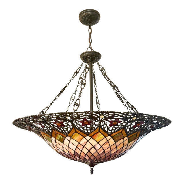 Late 20th Century Tiffany-Style Stained Glass Inverted Dome Chandelier With Floral Detail For Sale