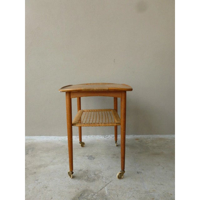 Poul Jensen for Selig Danish Modern Two Tired Woven Bar Cart For Sale - Image 10 of 11