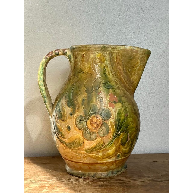 Vintage Boho Glazed Ceramic Floral Pitcher For Sale In West Palm - Image 6 of 10