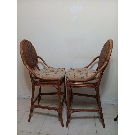 1990s Tommy Bahama Style Barstool Not Swivel Palm Fabric Upholstered Seat Set of 2 For Sale - Image 9 of 11