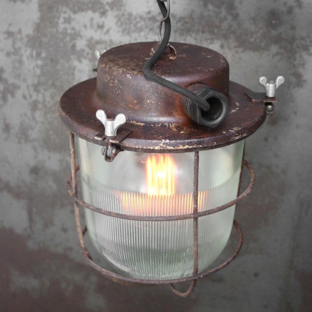 1950s Vintage Industrial Rust Metal Clear Cut Glass Pendant Light For Sale - Image 5 of 6