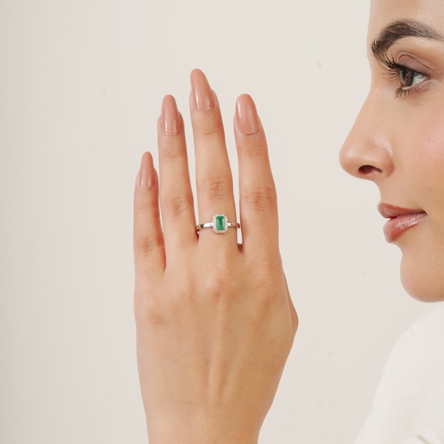 Modern Inspired 0.56 Carat Emerald Diamond Halo Statement Ring, Size 7 For Sale - Image 6 of 11