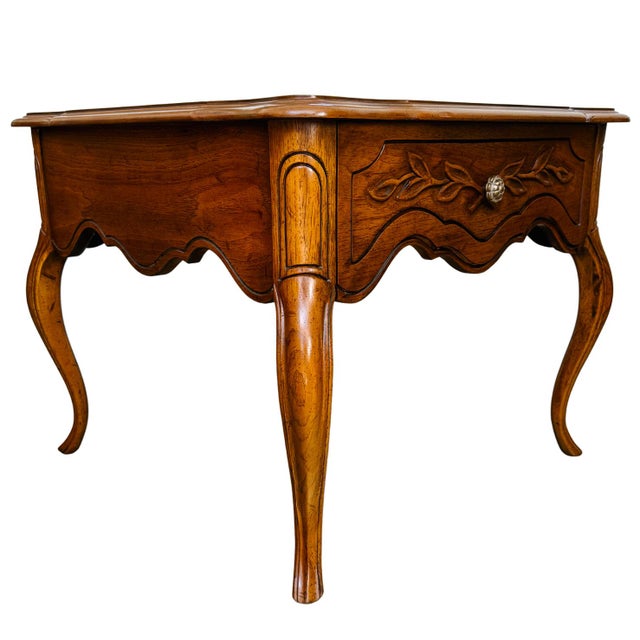 1970 French Provincial Carved Oak End Tables / Low Nightstands by Drexel Heritage - A Pair For Sale - Image 16 of 18