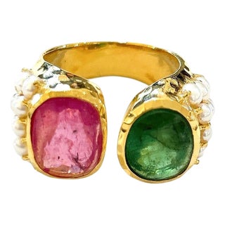 Bochic "Orient" Red Ruby & Green Tourmaline Ring Set 18K Yellow Gold & Silver For Sale