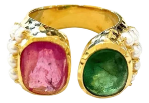 Bochic "Orient" Red Ruby & Green Tourmaline Ring Set 18K Yellow Gold & Silver