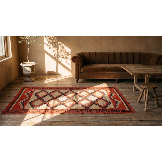 Textile 1930s Ivory Red Geoemtric Tribal American Navajo Rug 4'5" X 6'2" Flatweave Wool Carpet For Sale - Image 7 of 9