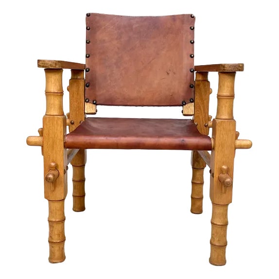 South American Brutalist Leather & Oak Safari Chair, Colombia, 1960s For Sale