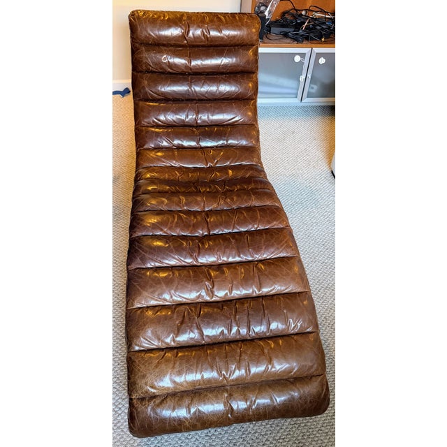 Modern Restoration Hardware Leather Oviedo Chaise Lounge Chair in Vintage Cigar Leather With Chrome Base For Sale - Image 3 of 17