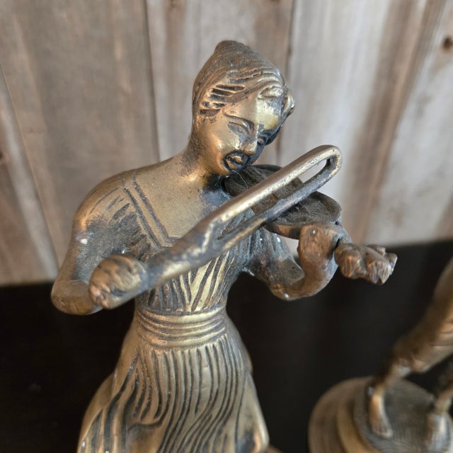 Mid 20th Century Cast Brass Bronze Musicians Playing Violin / Flute Pair Vintage Patina For Sale - Image 5 of 12