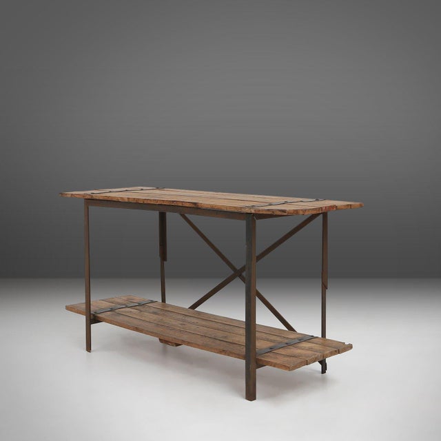 Industrial Side Table with Metal Frame, Wooden Top and Removable Platform, Belgium, 1920s For Sale - Image 15 of 15