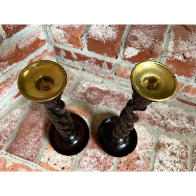 Pair Set Antique English Oak Open Barley Twist Candlesticks Candle Holder Brass For Sale - Image 4 of 12