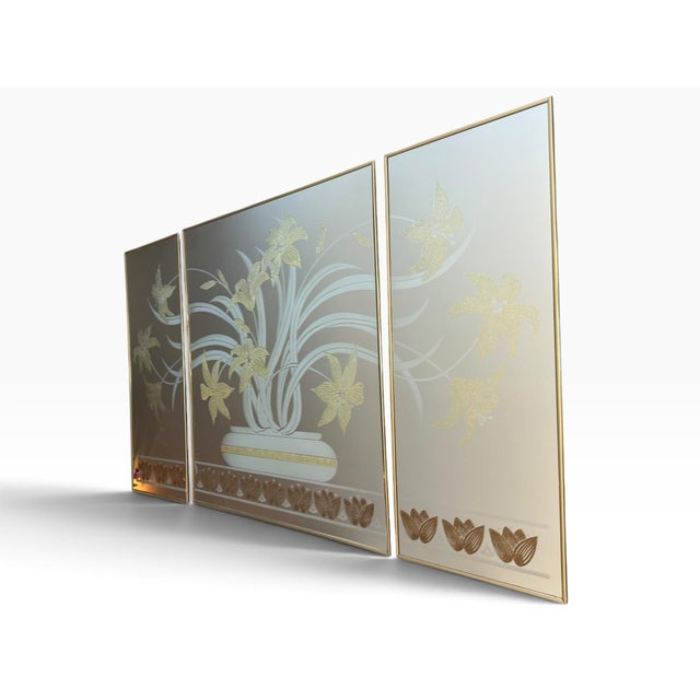 Vintage 1980s Etched Floral Triptych Mirror Wall Art in Gold Brass For Sale - Image 4 of 6