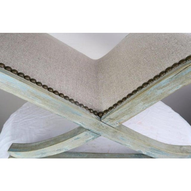 Swedish Painted "X" Rocking Bench With Linen Upholstery, Circa 1930s For Sale In Los Angeles - Image 6 of 7