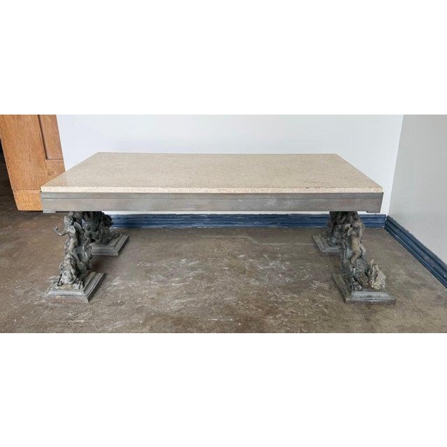 Baroque French Bronze Figural Coffee Table With Travertine Top For Sale - Image 3 of 10