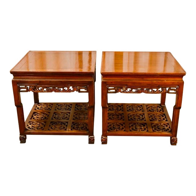 Vintage Chinese Pair of Carved Hardwood Side Tables With Fretwork For Sale