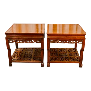 Vintage Chinese Pair of Carved Hardwood Side Tables With Fretwork