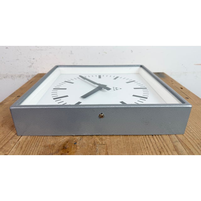 Industrial Grey Square Wall Clock from Pragotron, 1980s For Sale - Image 12 of 16