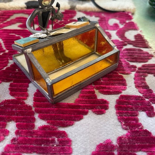 Vintage Amber Glass and Metal Figure Business Card Holder For Sale - Image 4 of 5