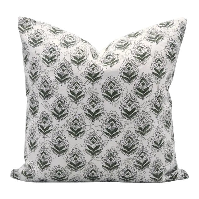 Fabdivine Handmade Block Printed Cushion Cover 12x20 Inch Pure White Linen- Betal Leaf For Sale