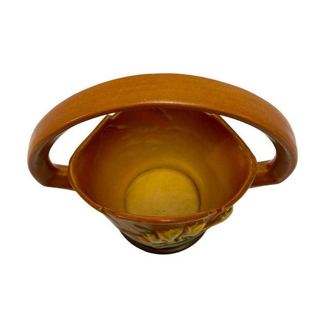 Ceramic Vintage 1940s Roseville Art Pottery Freesia Brown Basket #391-8 Vgc. For Sale - Image 7 of 8