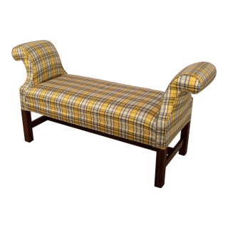 Chippendale Style Stretcher Base Rolled Arm Upholstered Window Bench For Sale