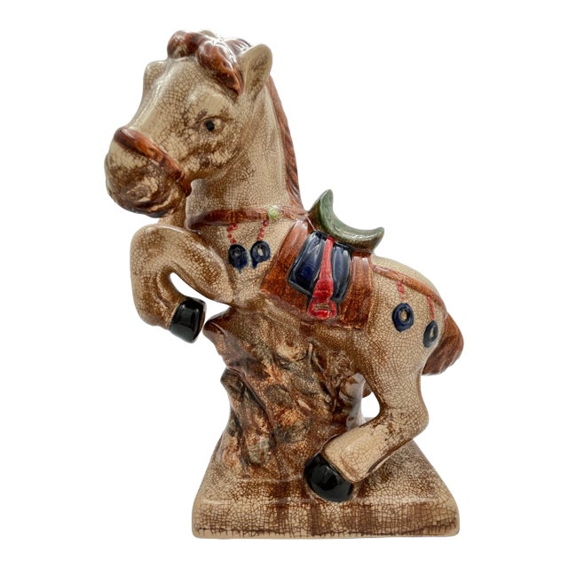 Late 20th Century Chinoiserie Majolica Style Asian War Horse Figurine For Sale