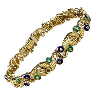 18 Karat Yellow Gold 30 Grams With Green and Blue Enamel Bracelet, 8 Inch Long For Sale