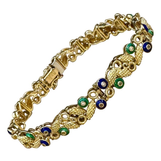 18 Karat Yellow Gold 30 Grams With Green and Blue Enamel Bracelet, 8 Inch Long For Sale