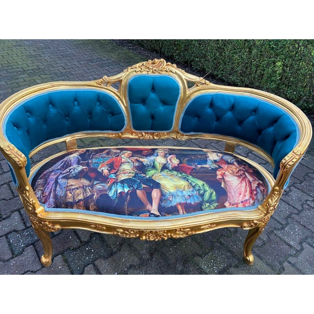 1980 French Louis XVI Blue Velvet Gilt Beech Settee For Sale - Image 6 of 15