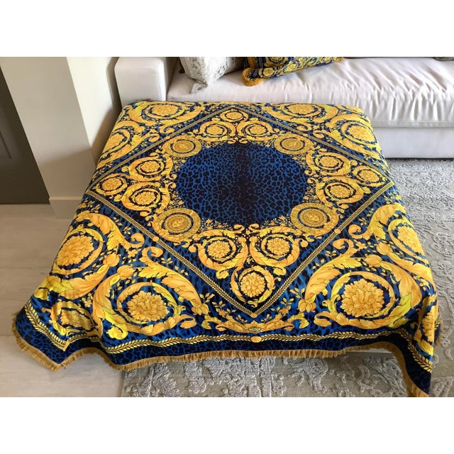 2010s Custom Made Atelier Versace Blue Gold Baroque Velvet Throw For Sale - Image 5 of 12