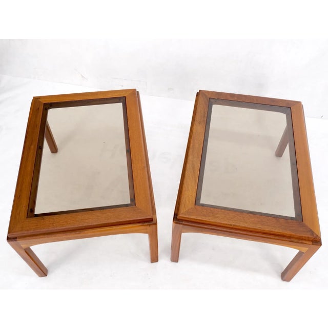 Mid-Century Modern Pair Solid Oiled Walnut Smoked Glass Rectangle End Tables Stands Mid Century For Sale - Image 3 of 13
