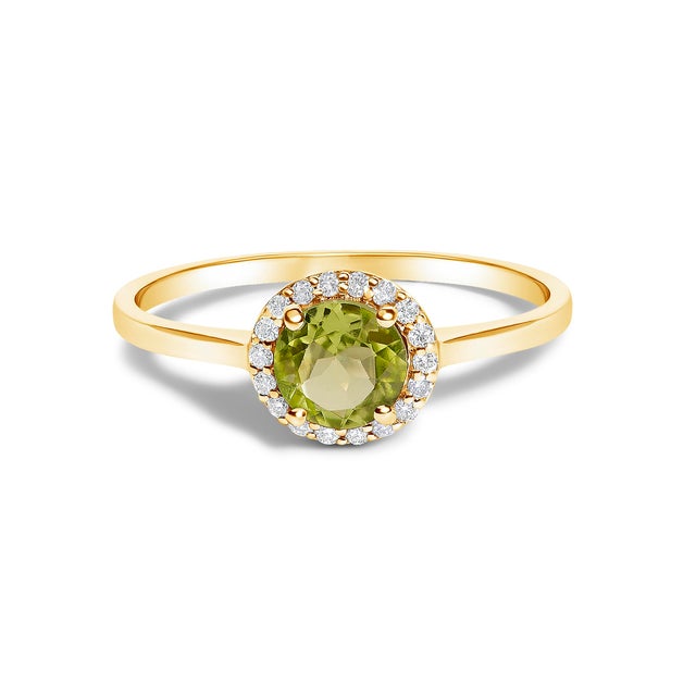 Contemporary 10K Yellow Gold Green Peridot and 3/8 Cttw Diamond Halo Jewelry Set (Earrings, Pendant & Ring) For Sale - Image 3 of 6