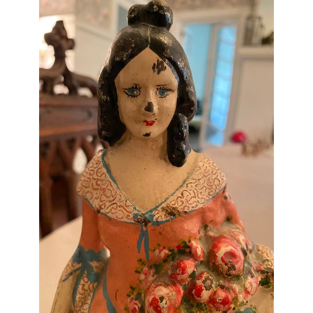 National Furniture Company 1915 National Foundry Cast Iron Antique Lady With Hat and Flowers Doorstop For Sale - Image 4 of 7