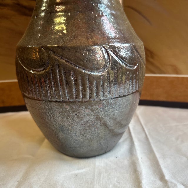 Vintage Hand Made Brown Ceramic Detailed Pottery Vase For Sale - Image 4 of 7