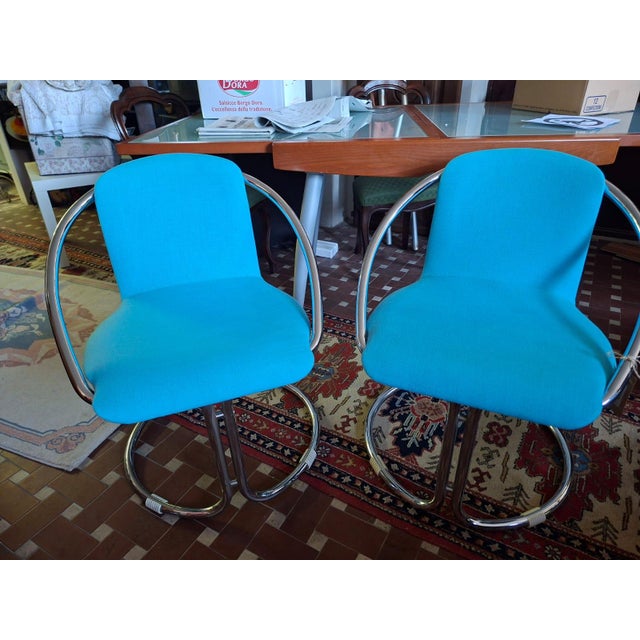 Italian Steel and in Turquoise Cotton Upholstery Armchairs, 1960s, Set of 2 For Sale - Image 16 of 18