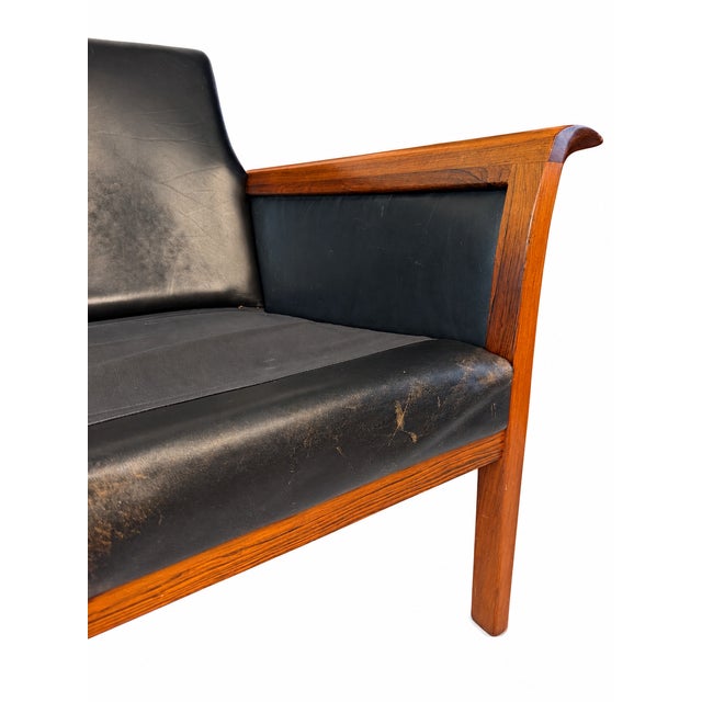 1960s Rosewood and Black Leather Sofa Attributed to Hans Olson For Sale - Image 9 of 14