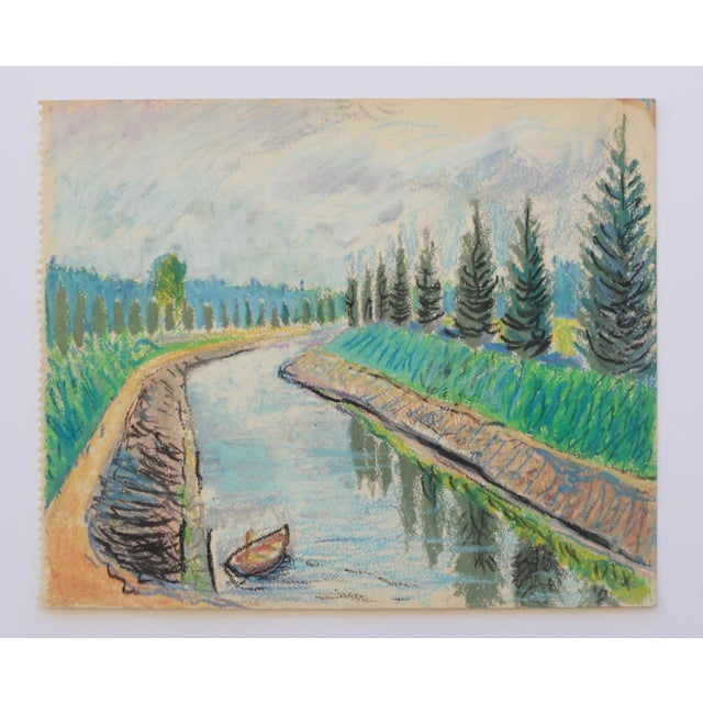 Early 1950s Scandinavian Original Oil Pastel Drawing in Light Blue, Kelly Green, Light Pink and Yellow. The drawing...