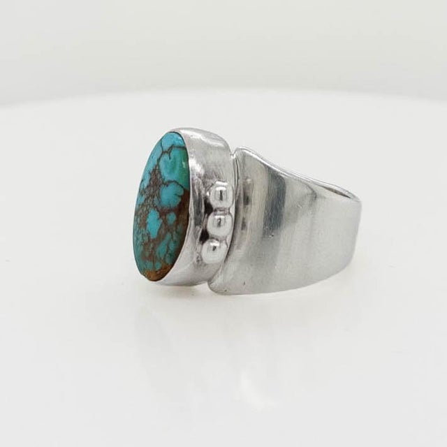 Navajo Delvin John Sterling Silver & Turquoise Cabochon Signet Style Ring For Sale In Philadelphia - Image 6 of 11