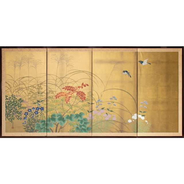 "Seven Autumn Flowers" by Essen, Late Showa Era Japanese Byobu Screen For Sale - Image 18 of 18