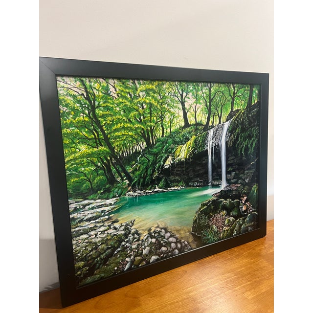 Original oil painting on canvas by Steve Schaaf capturing the quiet beauty of a secluded woodland waterfall. Crystal-clear...