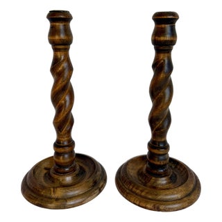 Pair of Early 20th Century Turned Wood Barley Twist Candlestick Holders For Sale