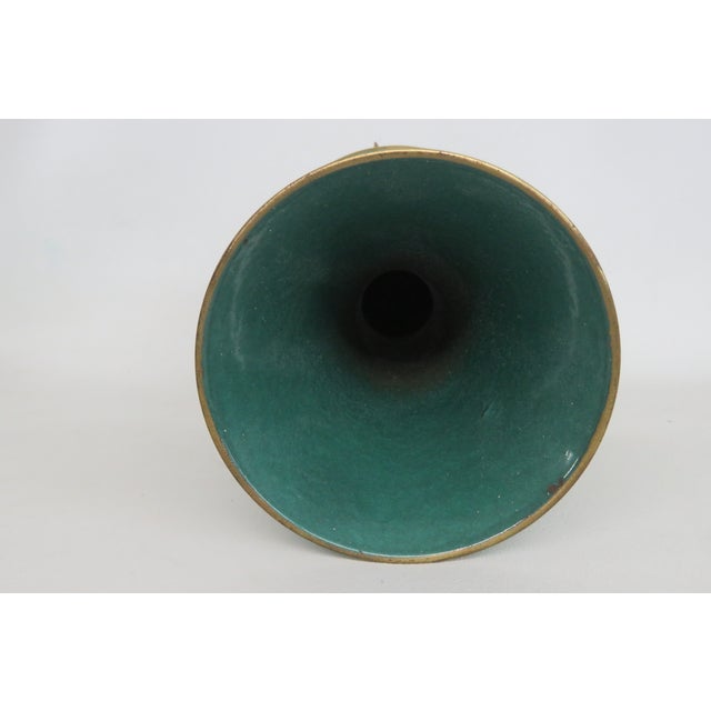 Mid Century Green Enameled Brass Tripod Vase Made in Israel Figural Motif 5002b For Sale In Miami - Image 6 of 14