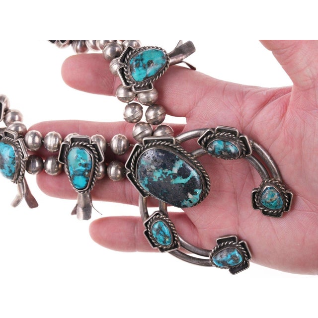 Native American Vintage Navajo Silver and Turquoise Squash Blossom Necklace f For Sale - Image 3 of 6