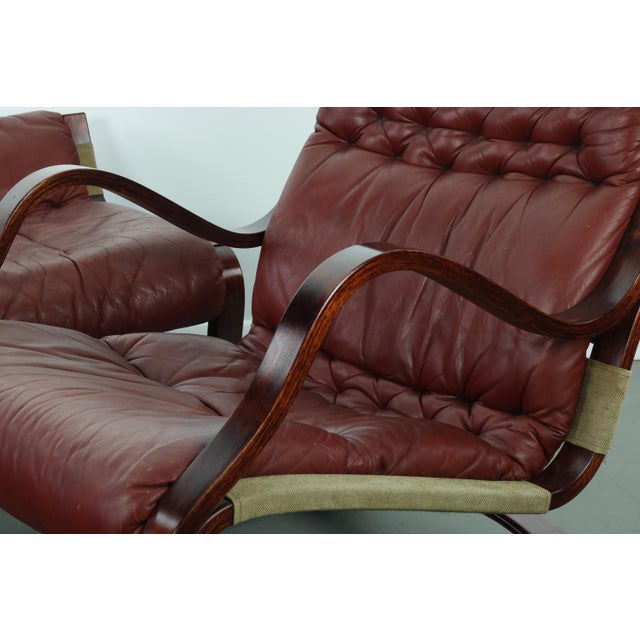 Oxblood Red Bentwood Afromasia Chair in Oxblood Red Leather with Matching Ottoman - 2 Pieces For Sale - Image 8 of 11