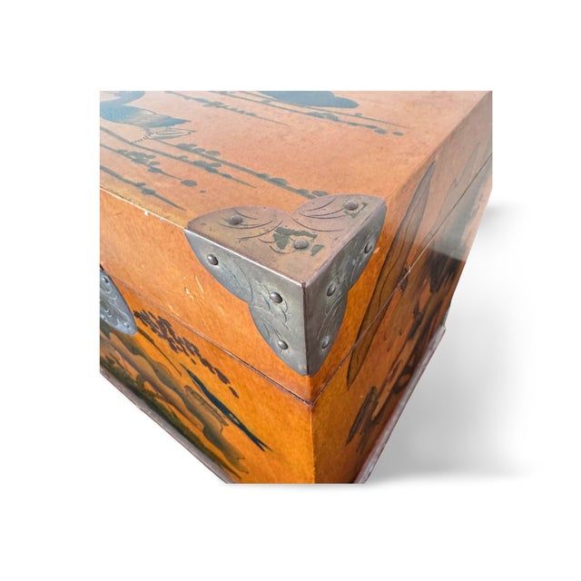 Chinoiserie Vintage Chinese Lacquer Chest Trunk With Painted Lotus & Bird Motif, Calligraphy Interior For Sale - Image 3 of 13