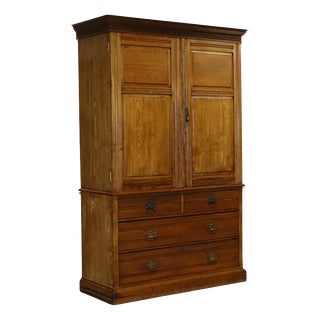 Antique English Victorian Oak Linen Press Wardrobe with Drawers For Sale