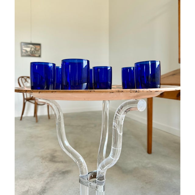 Art Deco Style Cobalt Blue Glasses, Set of 7 Hand Blown Lowball Glassware Set For Sale - Image 15 of 16
